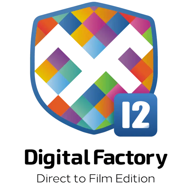 Digital Factory Direct to Film Edition logo featuring a colorful shield with a white X and a blue badge with '12', above the text 'Digital Factory' and 'Direct to Film Edition' on a white background.