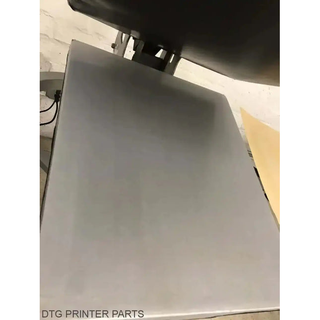 Rapid Slip Lower Platen Protector 11x15 shield with rounded corners mounted under a printer platen; black hinge visible.